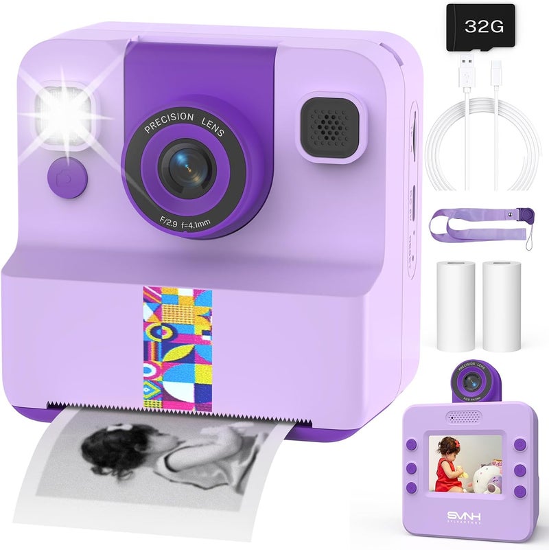 Sylvanthos Kids Camera Instant Print, Digital Camera for Kids, 180° Rotating Selfie Lens with 32GB SD Card & 2 Rolls Printing Paper Kids Toy Birthday Gifts for Boys Girls Ages 3-12, Purple - Image 1